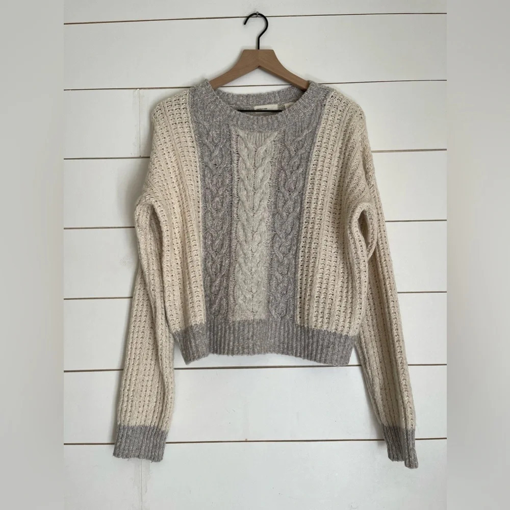 Anthropologie Sleeping on Snow M Cable Knit Pullover Sweater Gray Ivory $168 - Picture 4 of 11